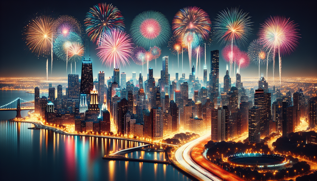 alt_text: Skyline view of a vibrant city with fireworks lighting up the night sky.
