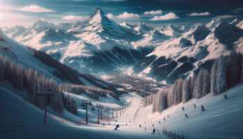 alt_text: Ski slopes with snowy mountains in the background, blending Crans-Montana and Park City vibes.
