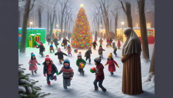 alt_text: Children playing in the snow beside a lit Christmas tree, with a somber figure in the background.