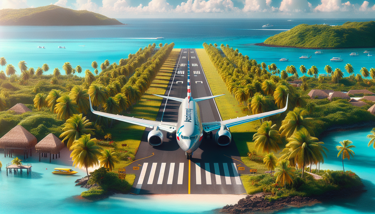 alt_text: American Airlines aircraft taxiing on a sunny Caribbean runway with palm trees in the background.