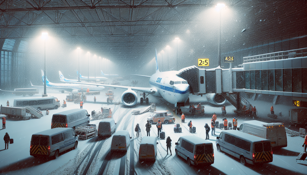 alt_text: Snowstorm disrupts travel at Schiphol Airport, Amsterdam; delays and cancellations reported.