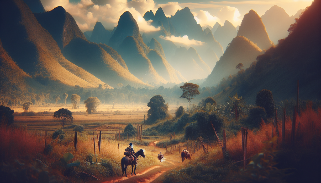 alt_text: Rural China landscape with a lone rider on horseback navigating through scenic mountain trails.