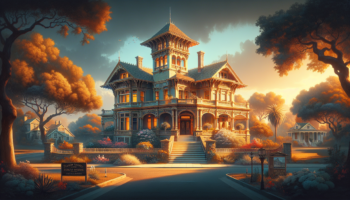 alt_text: A grand historic mansion surrounded by lush gardens and a bright blue sky.