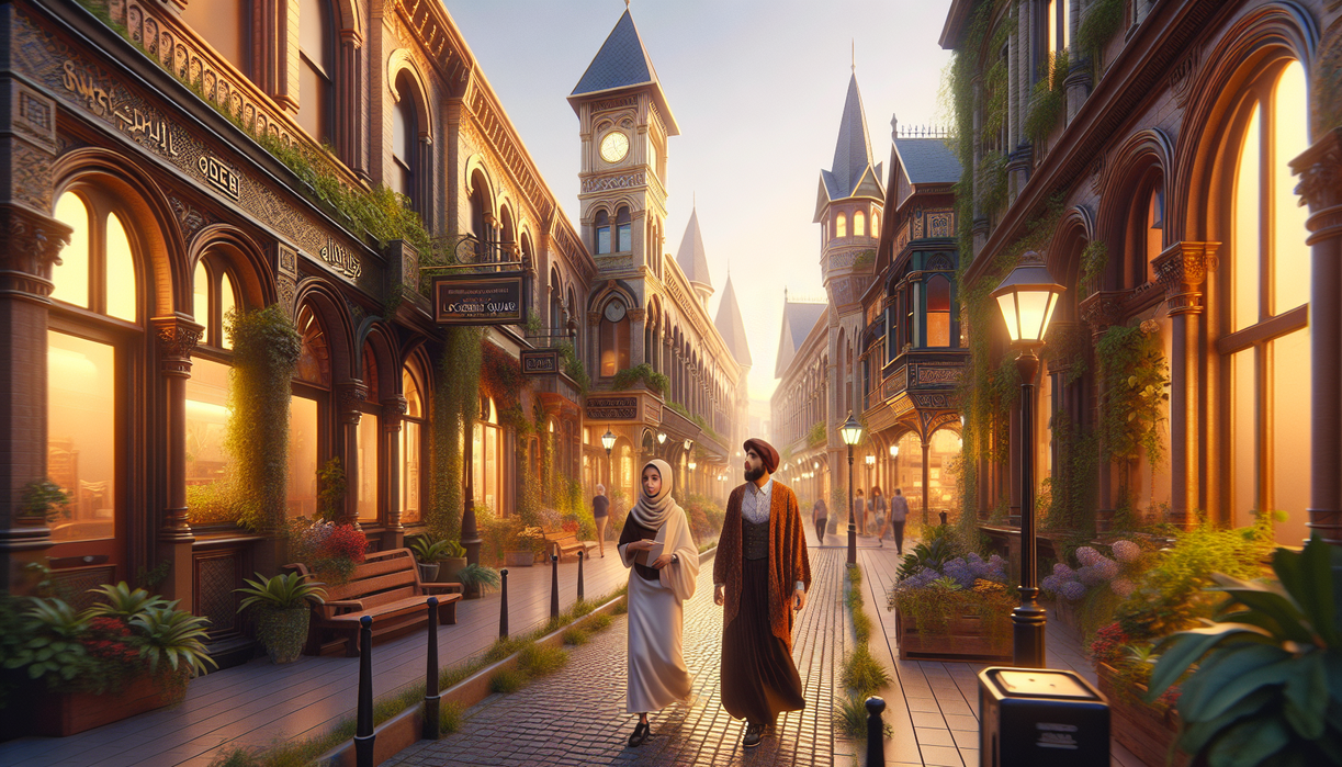 alt_text: Futuristic cityscape with modern architecture, greenery, and bustling streets in Lockerbie Square.