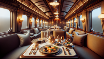 alt_text: A newspaper headline "Dolce Vita Rail Dreams" set against a modern U.S. train station backdrop.