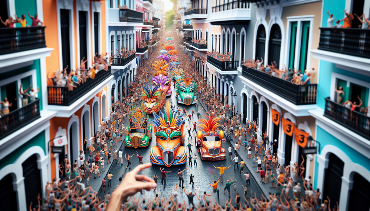 alt_text: Crowds celebrate at San Sebastián Festival, vibrant floats and music fill the streets of Puerto Rico.