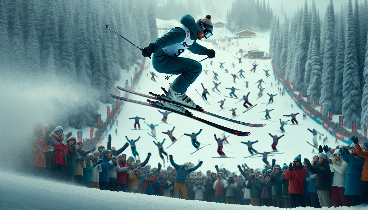 alt_text: Snowy festivities with skiers jumping and crowds cheering at Rossland Winter Carnival, 2026.