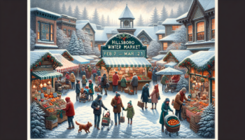 alt_text: Festive winter scene with snow-covered stalls at Hillsboro Market, Portland.