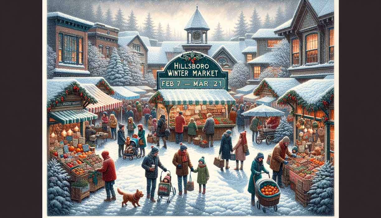 alt_text: Festive winter scene with snow-covered stalls at Hillsboro Market, Portland.