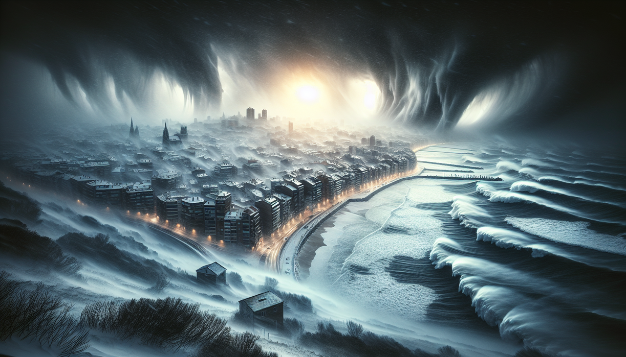 alt_text: Snowy streets in northern Spain, cars and trees covered in snow, people navigate winter weather.