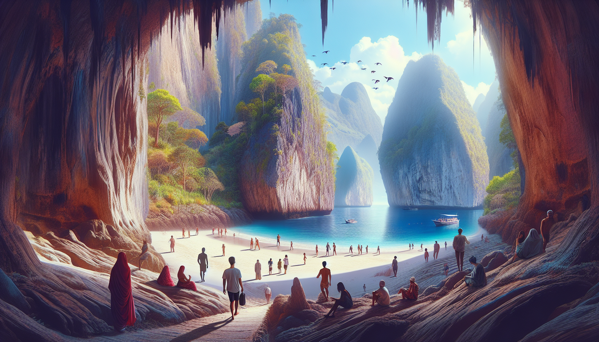 alt_text: Scenic view of a hidden beach surrounded by cliffs, with few tourists enjoying the serene setting.