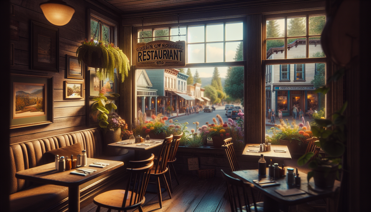 alt_text: Cozy small-town diner with warm lighting, checkered floor, and vintage decor.