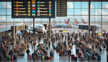alt_text: Busy Italian airport with stranded travelers and delayed flights due to air chaos.
