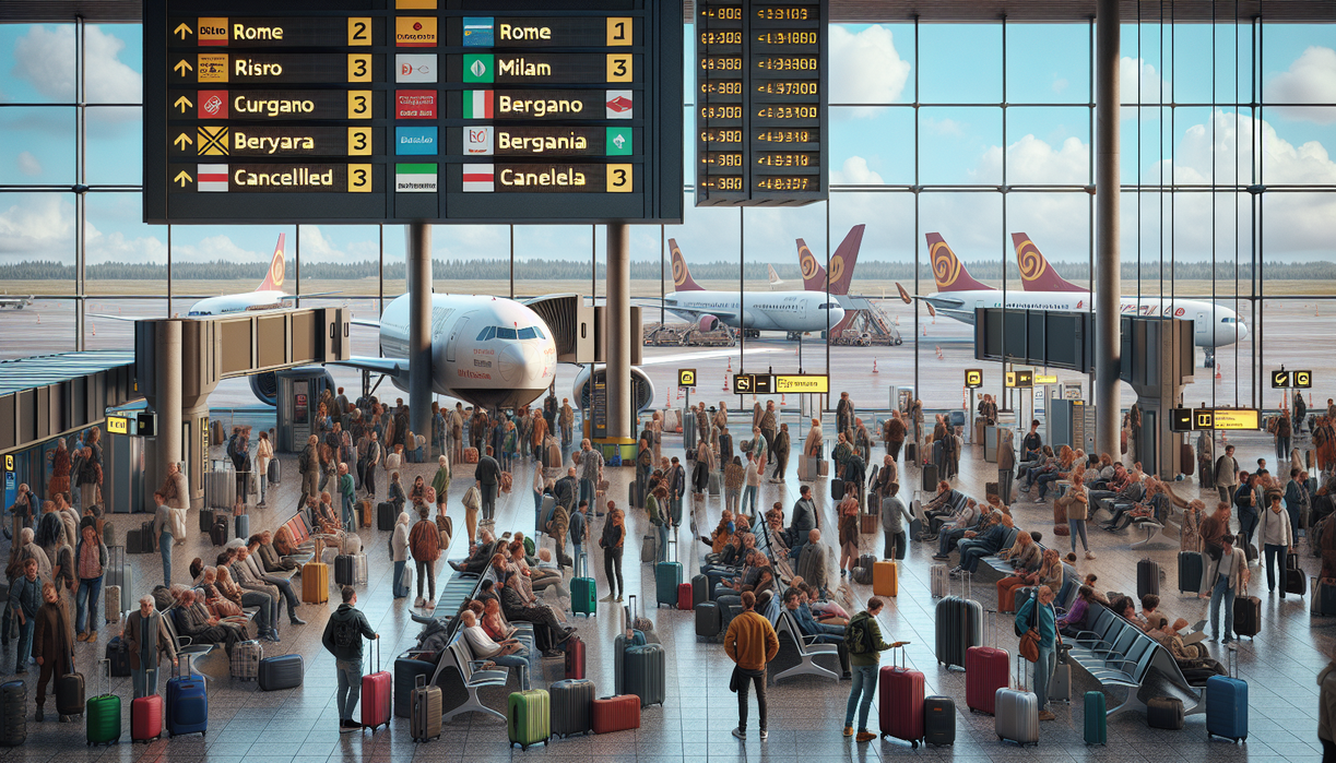 alt_text: Busy Italian airport with stranded travelers and delayed flights due to air chaos.