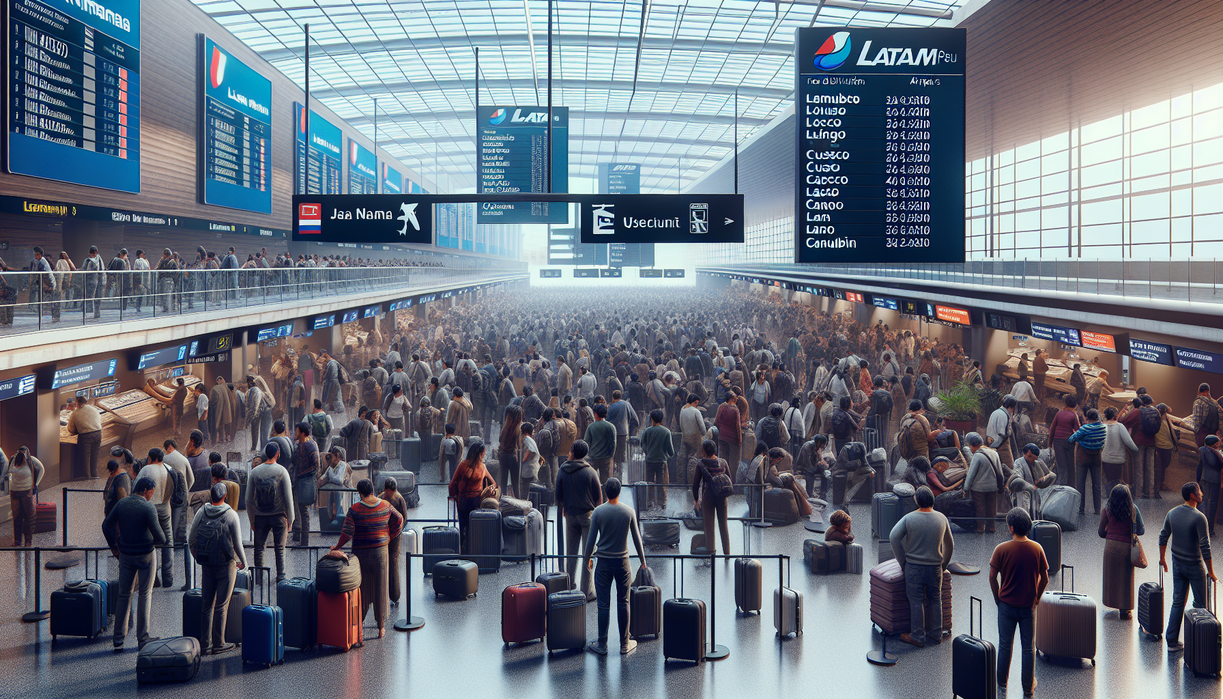 alt_text: Crowded airport in Peru as travelers face flight disruptions amid travel chaos.
