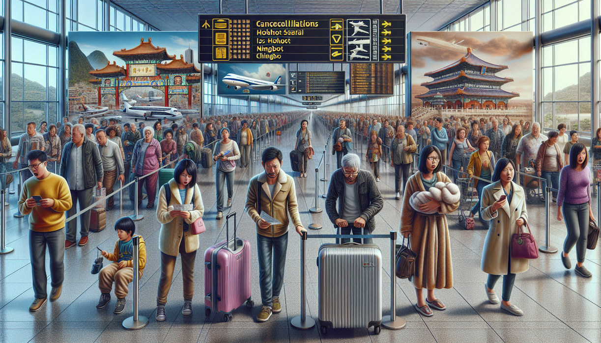 alt_text: Spring Airlines planes grounded at a crowded Chinese airport amid travel disruptions.