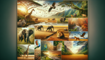 alt_text: A diverse group of animals on a savanna under a sunset, promoting global safari adventures.