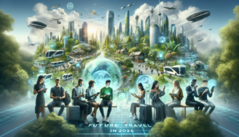 alt_text: Futuristic cityscape with diverse travelers exploring innovative tech and vibrant landscapes, 2026.