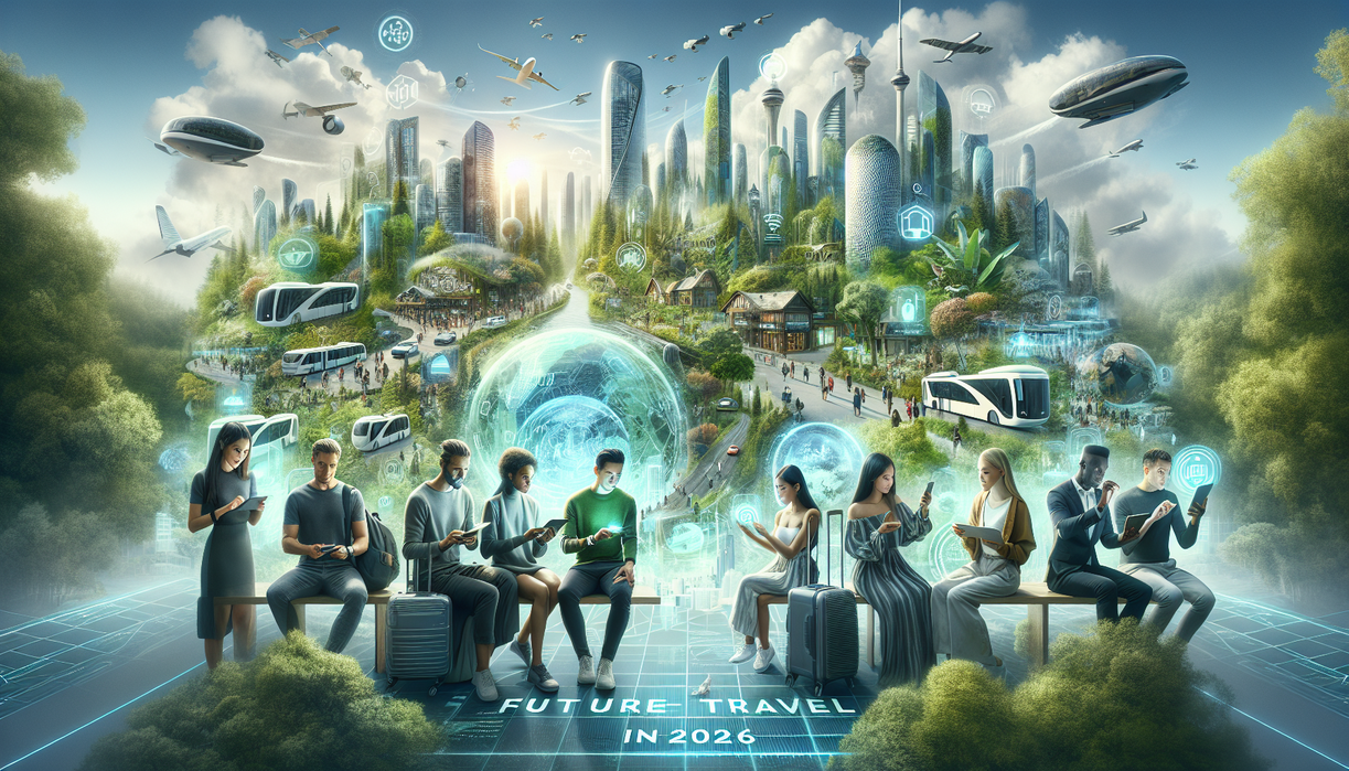 alt_text: Futuristic cityscape with diverse travelers exploring innovative tech and vibrant landscapes, 2026.