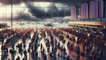 alt_text: Illustration showing planes grounded on a runway with stormy skies and frustrated travelers.