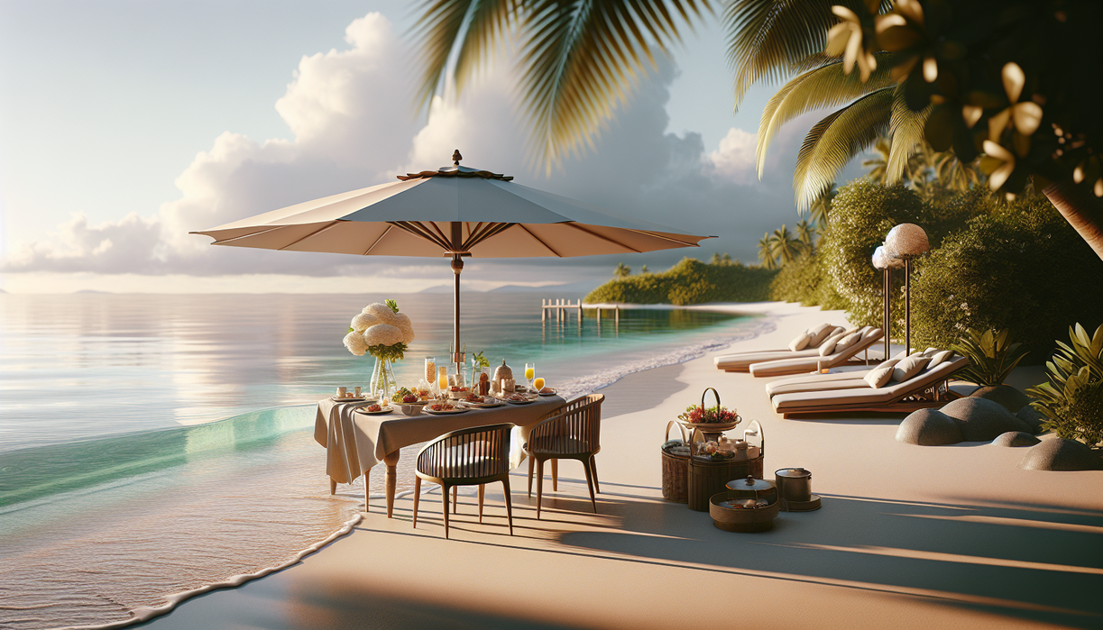 alt_text: A beach scene with yogurt, cocktails, and people relaxing under umbrellas.