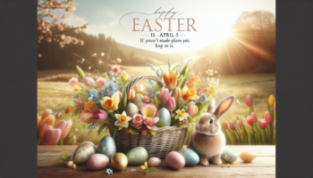 alt_text: Elegant Easter brunch setup overlooking NYC skyline with spring decorations and gourmet dishes.