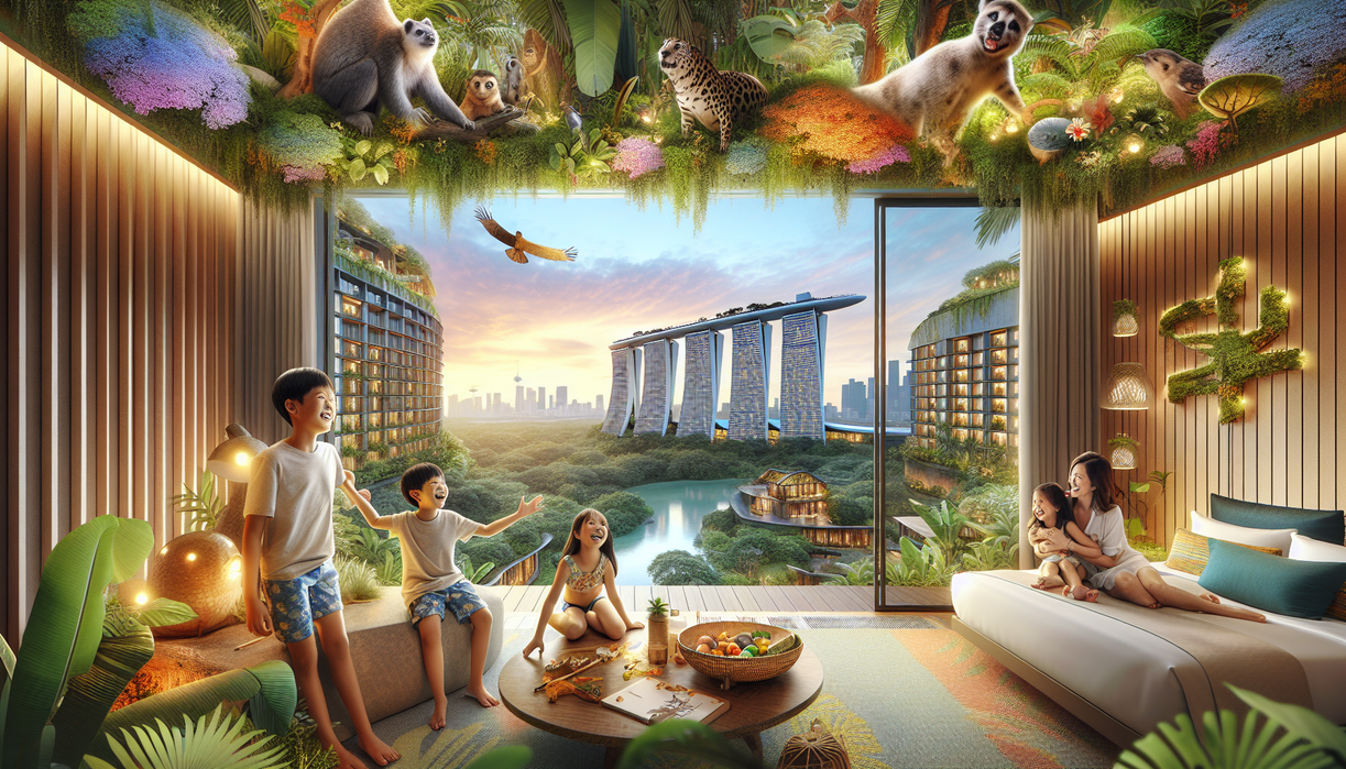 alt_text: Family enjoying luxurious Asian hotel, featuring a pool, lush gardens, and elegant architecture.