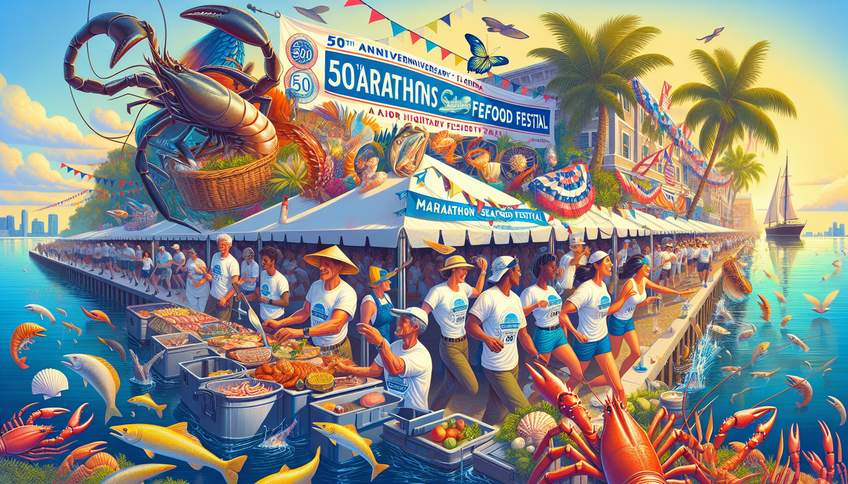 alt_text: People enjoy seafood dishes at the bustling Marathon Seafood Festival under colorful tents.