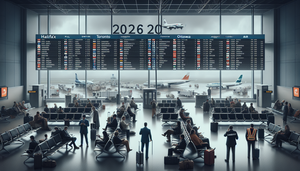 alt_text: Display board shows multiple flight cancellations at Halifax airport, causing travel disruptions.