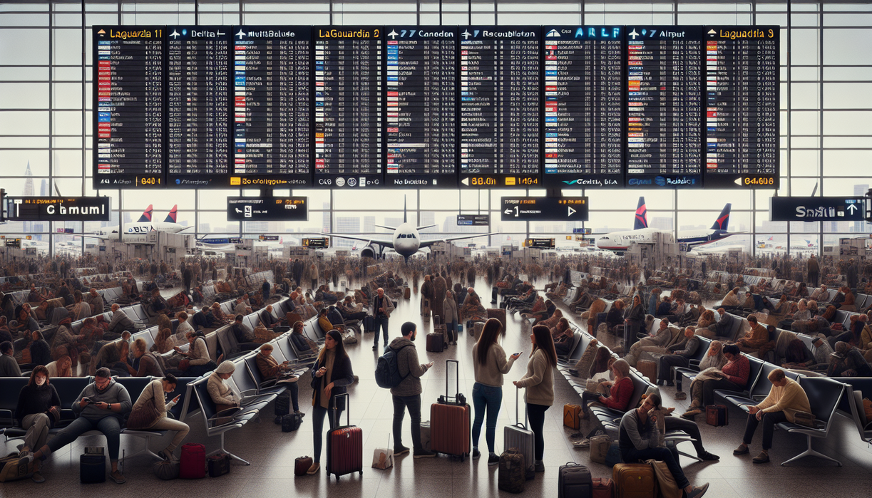 alt_text: Crowded airport terminal with frustrated travelers amid flight cancellation chaos.