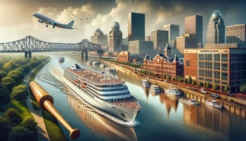 alt_text: A cruise ship sails on a serene river against a backdrop of Louisville's skyline.