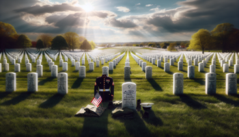 alt_text: Young Marine in uniform gazing thoughtfully at a flag, reflecting on Memorial Day.