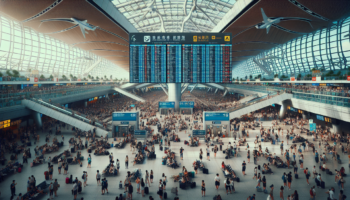 alt_text: Crowded Doha Airport with frustrated travelers and long queues amidst a luggage backlog.