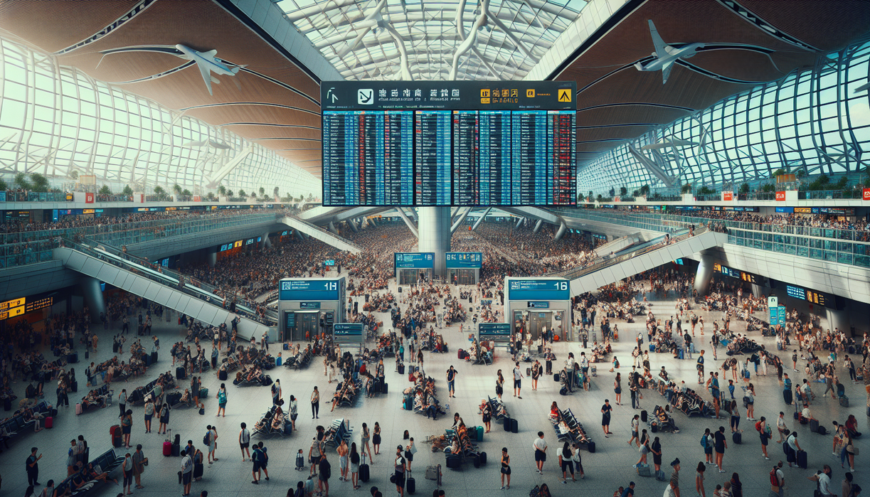 alt_text: Crowded Doha Airport with frustrated travelers and long queues amidst a luggage backlog.