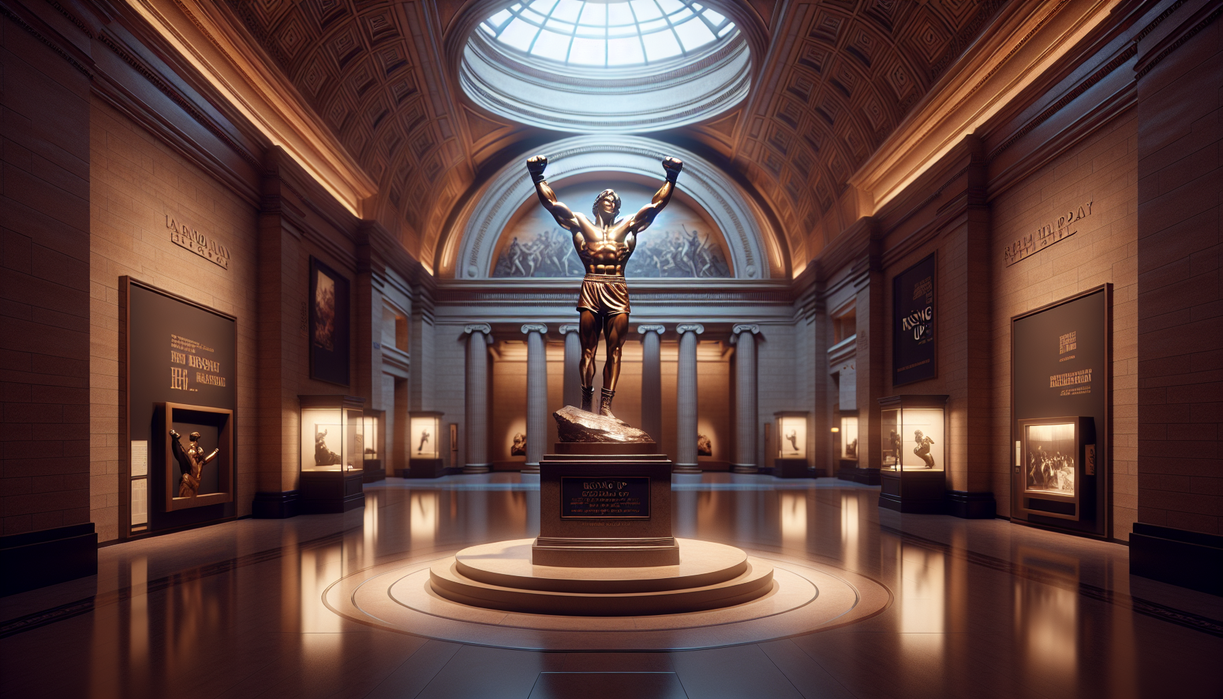 alt_text: The Rocky statue being transported on a flatbed truck through Philadelphia streets.