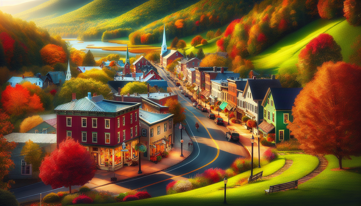 alt_text: "Charming Vermont village street lined with autumn leaves and quaint shops."