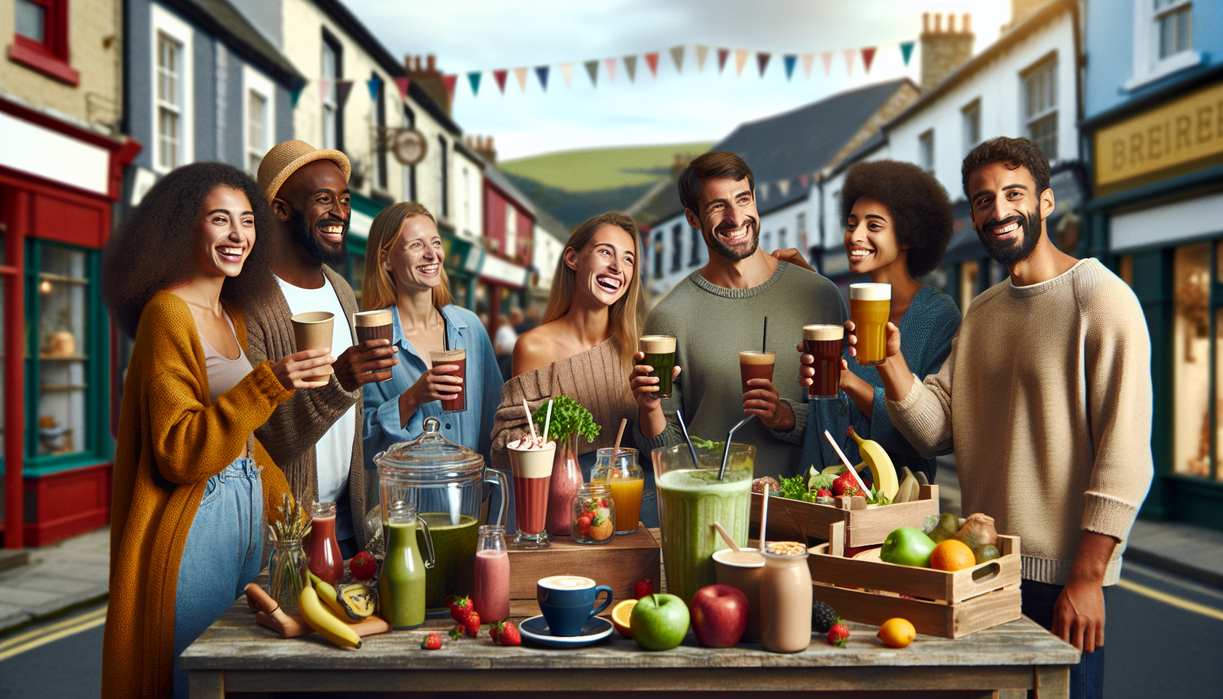 alt_text: A bustling café in Tifton showcases its new brew with vibrant posters and cheerful patrons.