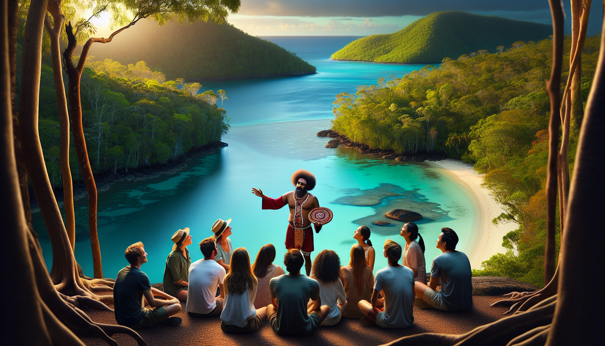 "alt_text": "Indigenous artwork depicting vibrant tropical forest and traditional symbols."