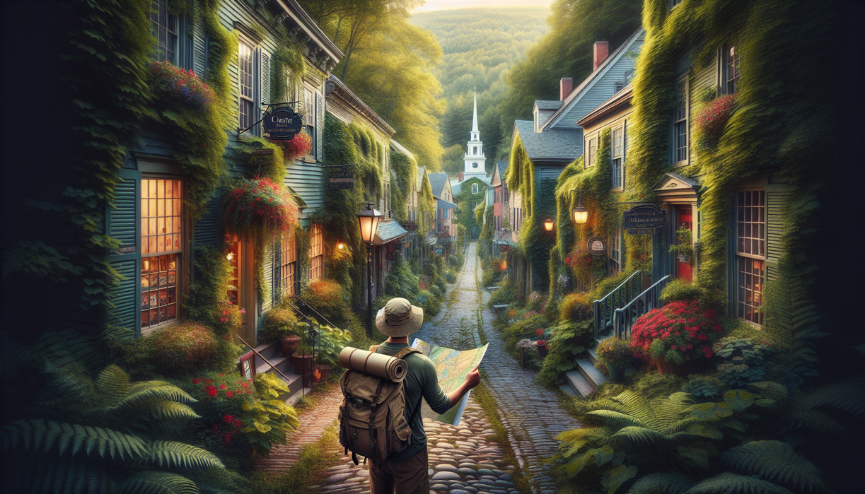 alt_text: A serene landscape in Chester, Vermont, with lush greenery and quaint rustic charm.