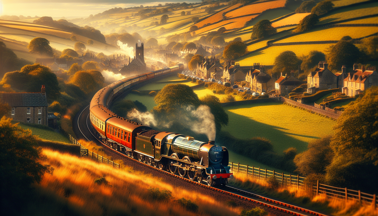 alt_text: A vintage train travels through England's serene countryside, surrounded by lush greenery.