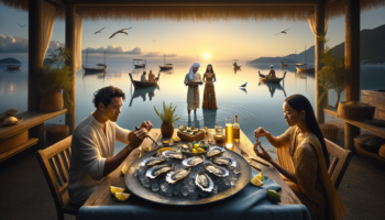 alt_text: A newspaper headline reads "Oyster Mastery" with an image of fresh oysters on a platter.