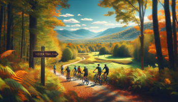 alt_text: Cyclists riding through scenic Vermont trails surrounded by lush greenery and mountains.
