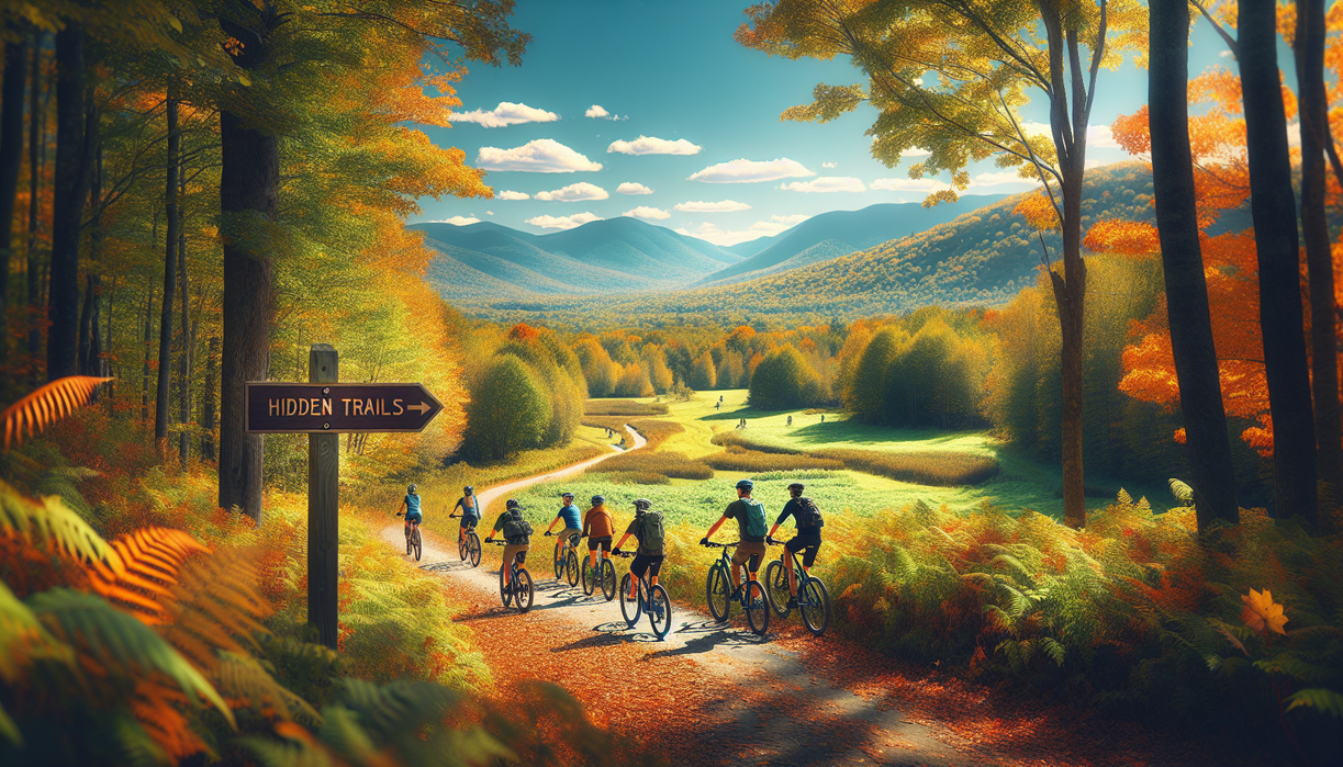 alt_text: Cyclists riding through scenic Vermont trails surrounded by lush greenery and mountains.