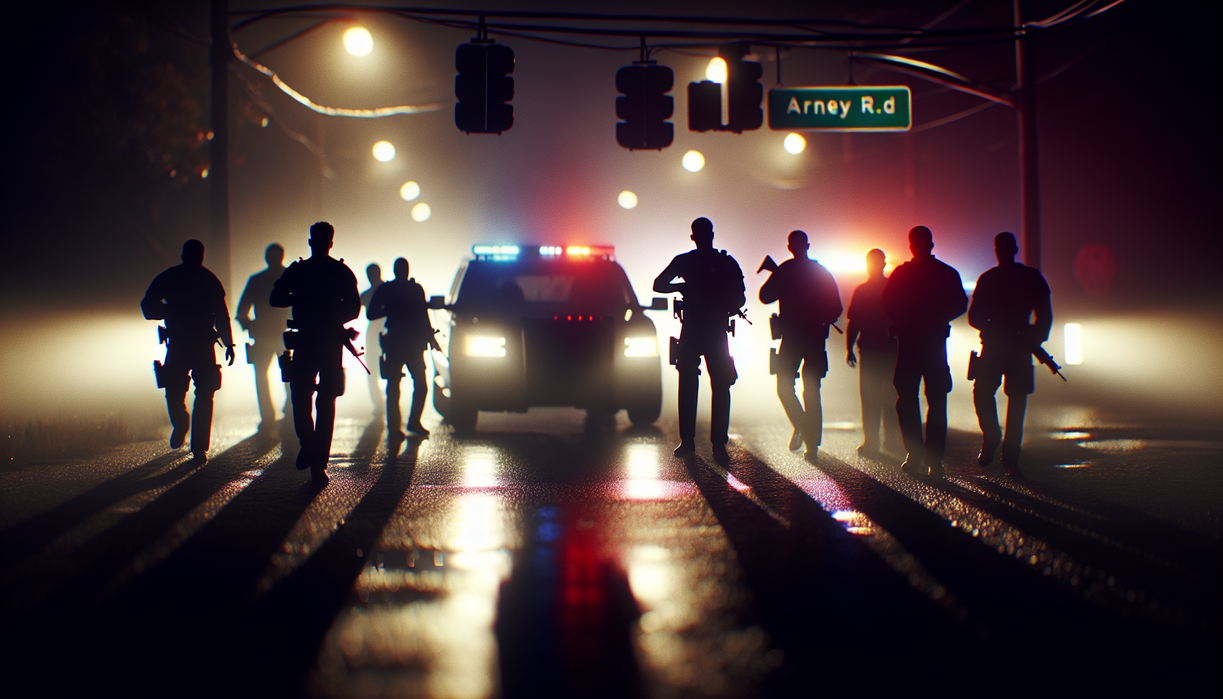 Certainly! Here's the alt text: "Night scene on Arney Road, ominous atmosphere suggests a fatal incident occurred."