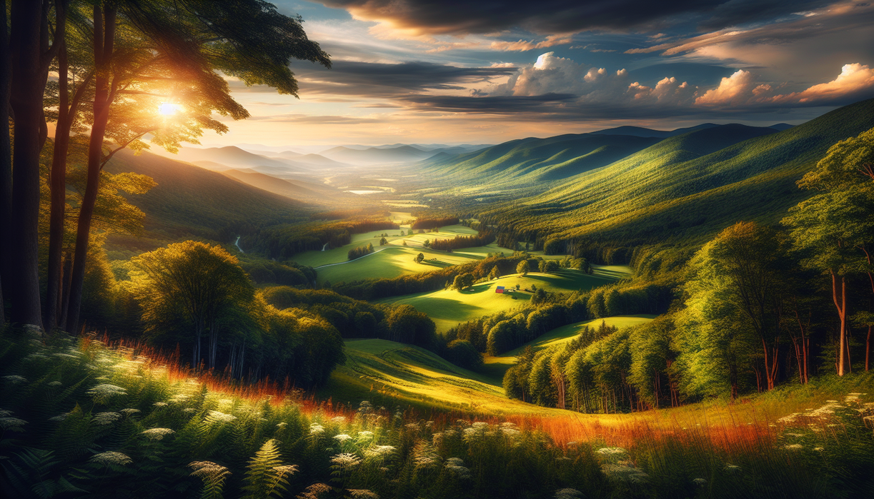 Sure! Here's a suitable description: **alt_text:** Scenic Vermont vistas at Secret Juniper Hill, featuring lush forests and rolling hills.