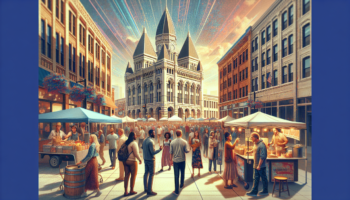 alt_text: "Fort Wayne skyline with historical landmarks and futuristic elements blending together."